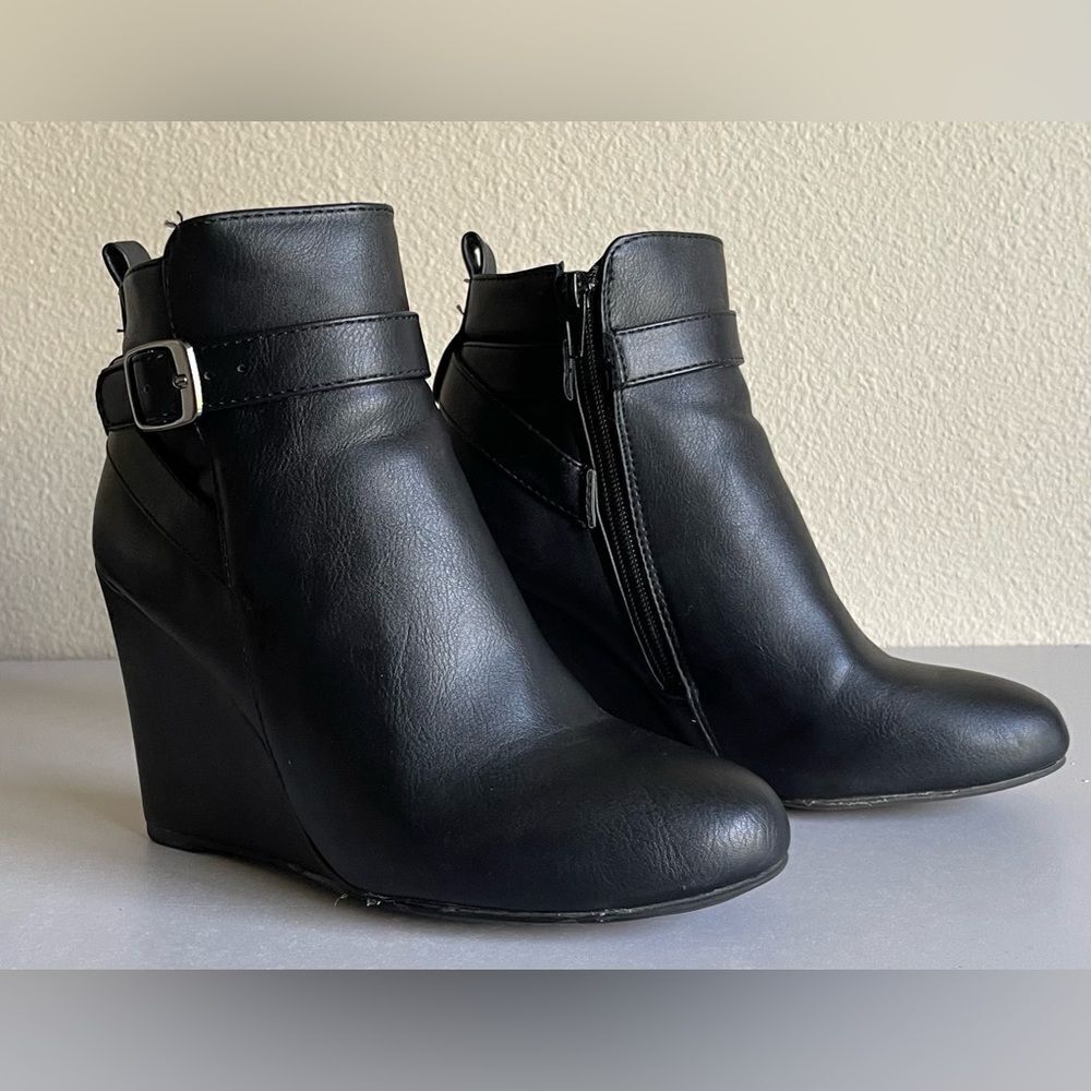 Bamboo Black Wedge Bootie with buckle accent.